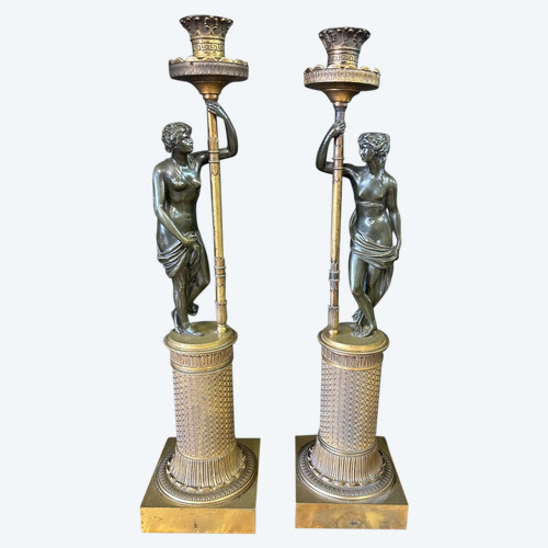 Pair Of Bronze Antique Women Candlesticks Empire Period - Early 19th Century