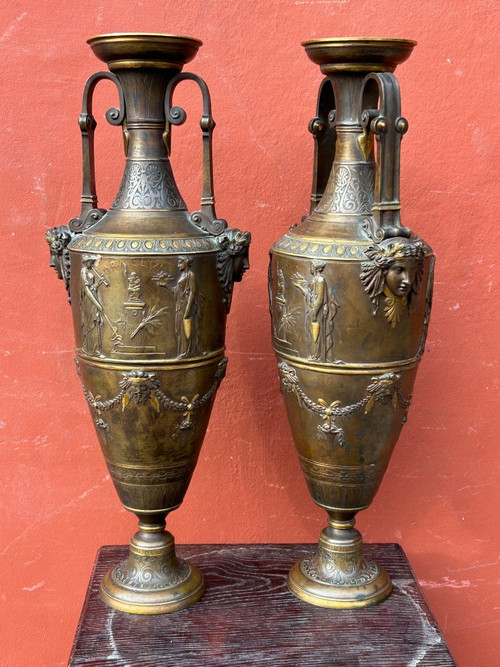 Paire De Vases Amphore Néo - Grec En Bronze à Deux Patines - France Fin XIXéme