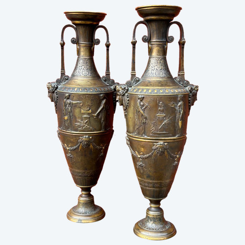 Paire De Vases Amphore Néo - Grec En Bronze à Deux Patines - France Fin XIXéme