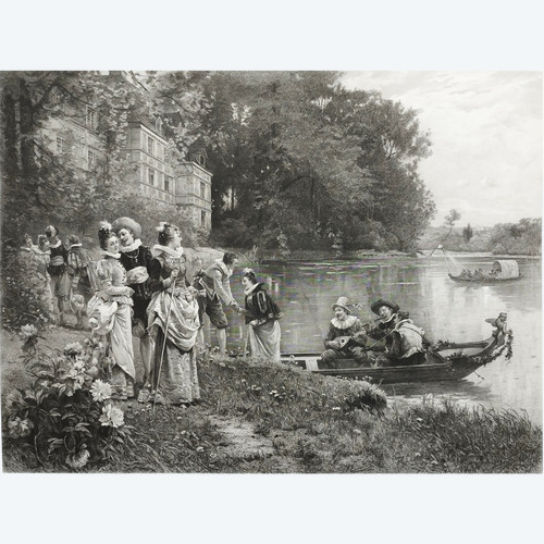 Ricevimento al castello Incisione del XIX secolo di Varin secondo Adrien Moreau