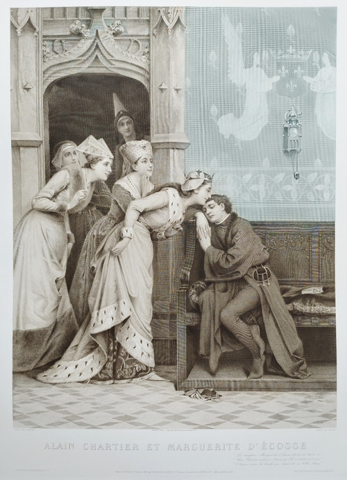 Alain Chartier And Marguerite Of Scotland Large Engraving After Wagrez  Etching 19th C Old Print