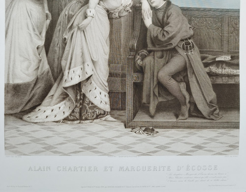 Alain Chartier And Marguerite Of Scotland Large Engraving After Wagrez  Etching 19th C Old Print