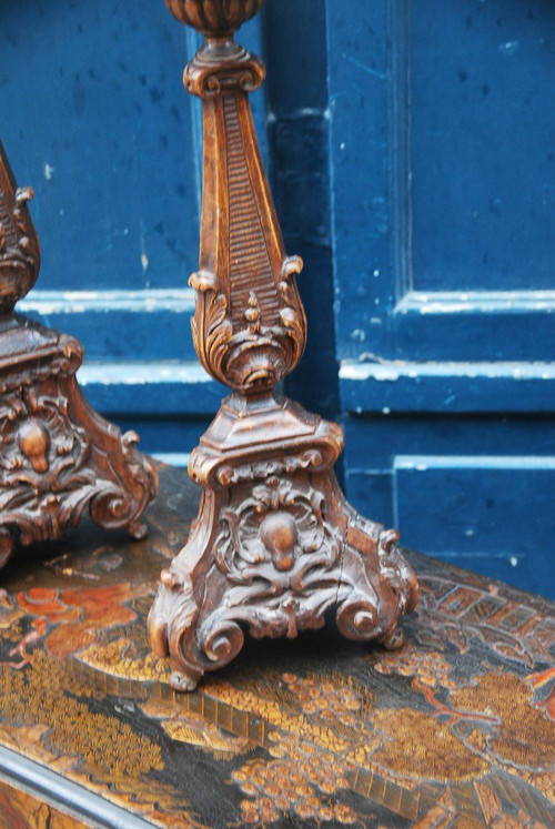 Coppia Di Candelieri In Legno Intagliato Epoca Luigi XIV