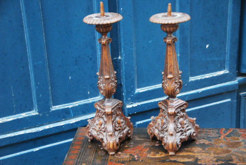 Coppia Di Candelieri In Legno Intagliato Epoca Luigi XIV