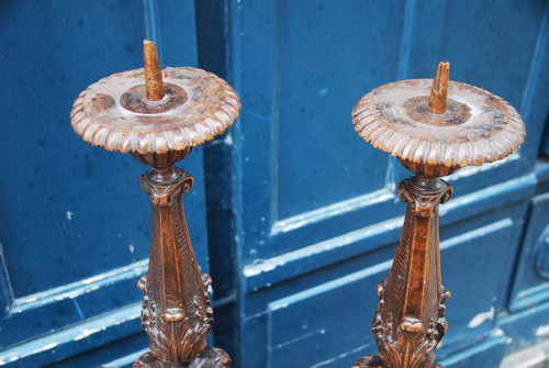 Coppia Di Candelieri In Legno Intagliato Epoca Luigi XIV