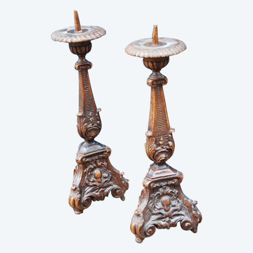 Coppia Di Candelieri In Legno Intagliato Epoca Luigi XIV