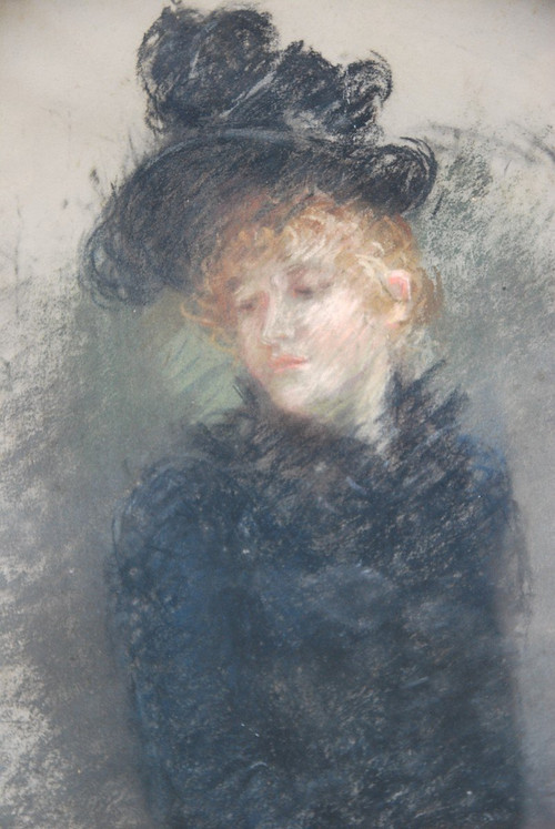 Elegantes Pastel Au Chapeau, signiert De Huillard