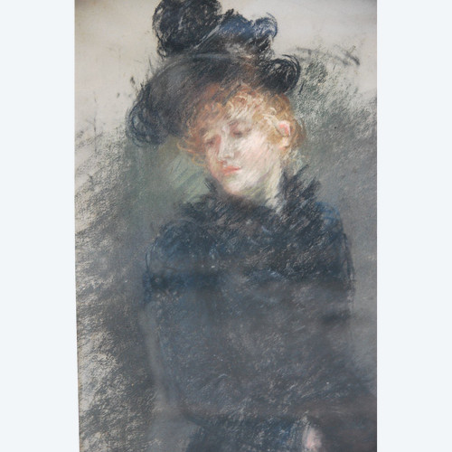 Elegant Pastel Au Chapeau, Signed De Huillard