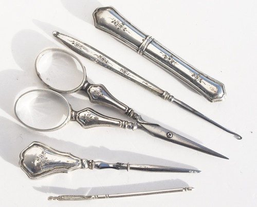 Sewing Kit Silver Late 19th Napoleon III Scissors Hook Thimble