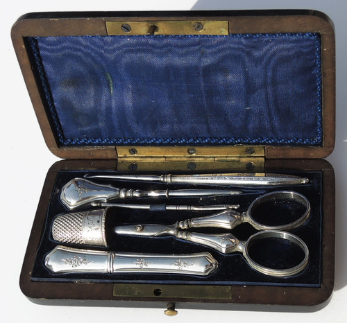 Sewing Kit Silver Late 19th Napoleon III Scissors Hook Thimble