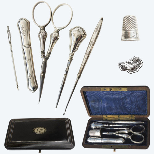 Sewing Kit Silver Late 19th Napoleon III Scissors Hook Thimble
