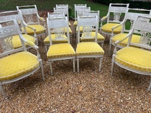 Rare Suite Of 6 Armchairs And 6 Lacquered Chairs Directoire Period Late 18th Century