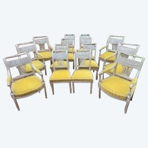 Rare Suite Of 6 Armchairs And 6 Lacquered Chairs Directoire Period Late 18th Century