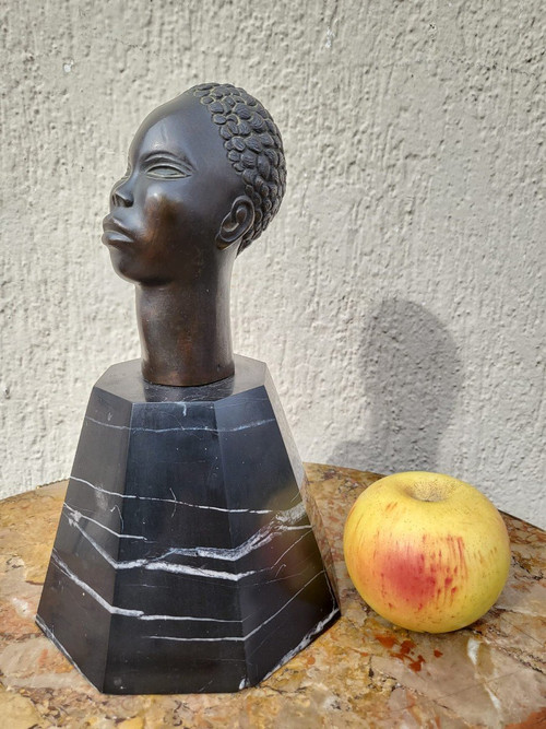 Scultura In Bronzo, Testa Africana, Su Base, XX Secolo