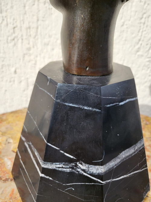 Scultura In Bronzo, Testa Africana, Su Base, XX Secolo