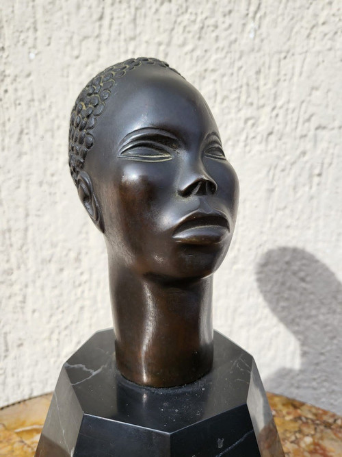 Scultura In Bronzo, Testa Africana, Su Base, XX Secolo