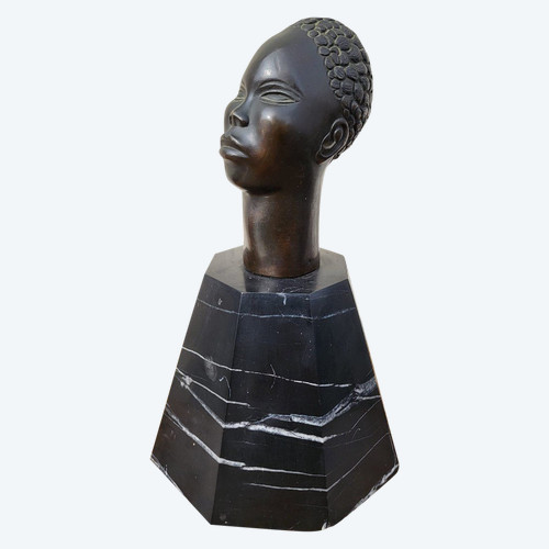Scultura In Bronzo, Testa Africana, Su Base, XX Secolo