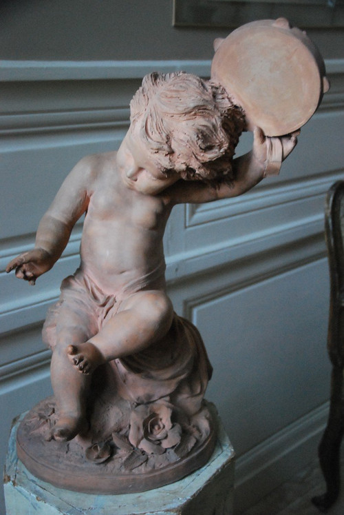 Importante Bambino con Tamburello in Terracotta XIX Secolo