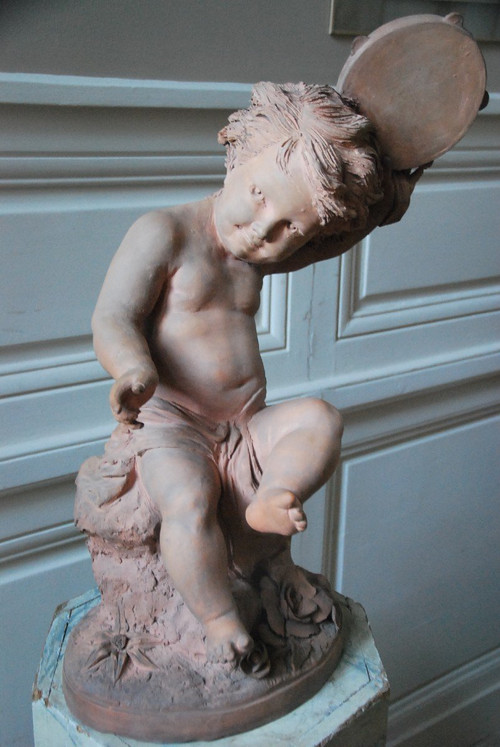 Importante Bambino con Tamburello in Terracotta XIX Secolo