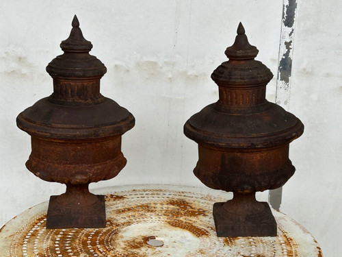 Pair Of Louis XVI Style Cast Iron Fire Pot Vases 19th Century