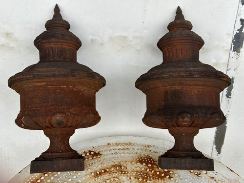Pair Of Louis XVI Style Cast Iron Fire Pot Vases 19th Century