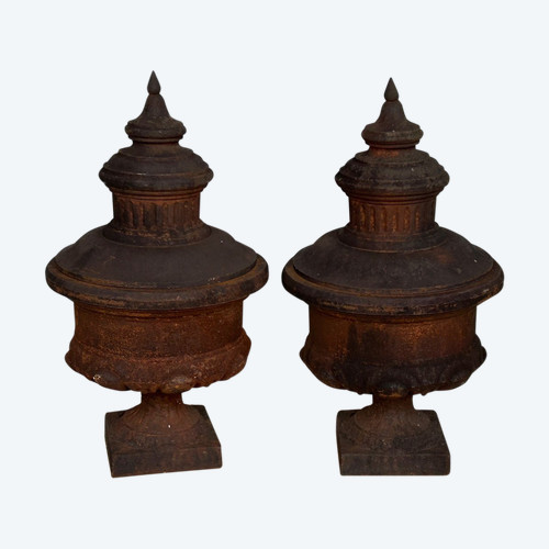 Pair Of Louis XVI Style Cast Iron Fire Pot Vases 19th Century