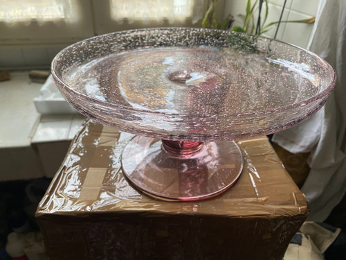 Very elegant cake stand in blown and bubbled purplish pink glass from Biot, 1960s
