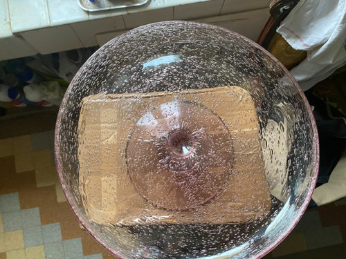 Very elegant cake stand in blown and bubbled purplish pink glass from Biot, 1960s