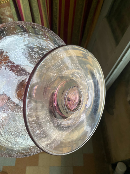 Very elegant cake stand in blown and bubbled purplish pink glass from Biot, 1960s