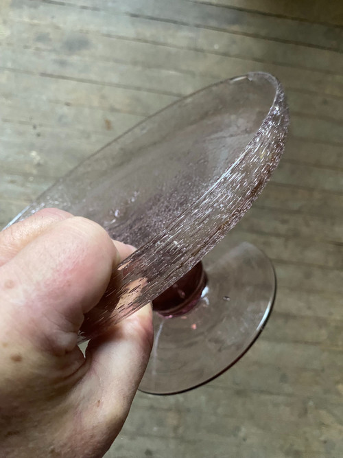 Very elegant cake stand in blown and bubbled purplish pink glass from Biot, 1960s