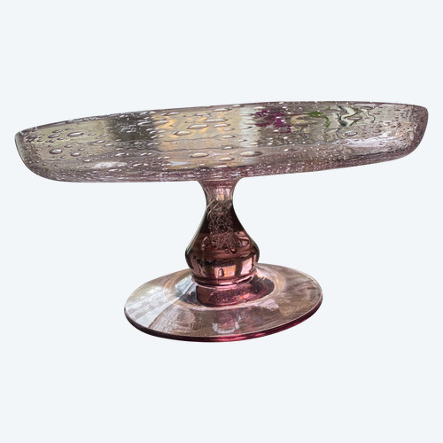 Very elegant cake stand in blown and bubbled purplish pink glass from Biot, 1960s