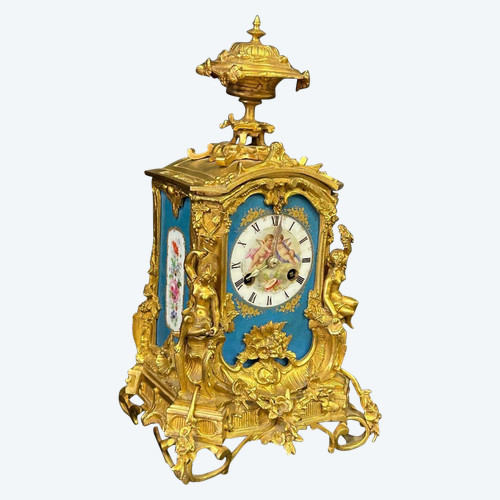 Pendule Bronze Doré Et Plaques De Porcelaine D’époque Napoléon III
