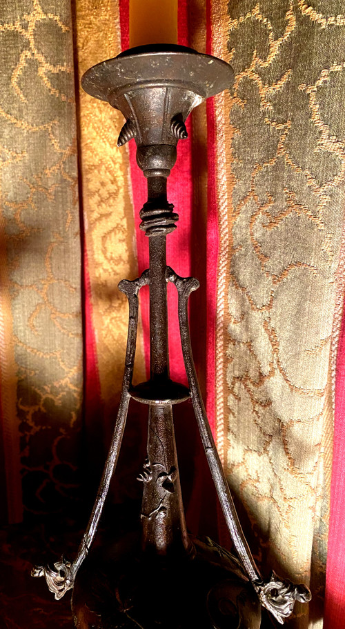  Decorativi Coppia di candelieri in ghisa patinata con base in marmo nero antico di Carrara Napoleone III