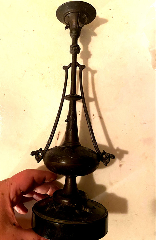  Decorativi Coppia di candelieri in ghisa patinata con base in marmo nero antico di Carrara Napoleone III