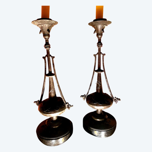  Decorativi Coppia di candelieri in ghisa patinata con base in marmo nero antico di Carrara Napoleone III