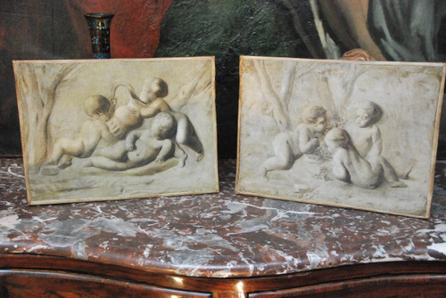 Pia Sauvage, Paar Kleine Leinwände Jeux De Putti, 18. Jahrhundert