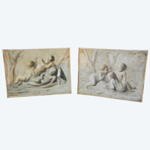 Pia Sauvage, Paar Kleine Leinwände Jeux De Putti, 18. Jahrhundert