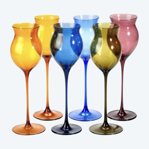 Set aus sechs farbigen Weingläsern der Lauschaer Glashütte