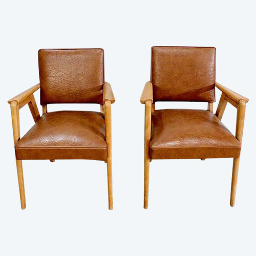 Paire de Fauteuils Bridge, en Hêtre Naturel – 1950