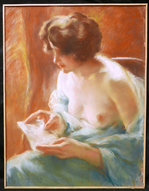 Charles Émile Moïse HORNUNG, Femme à la poitrine dénudée lisant une lettre