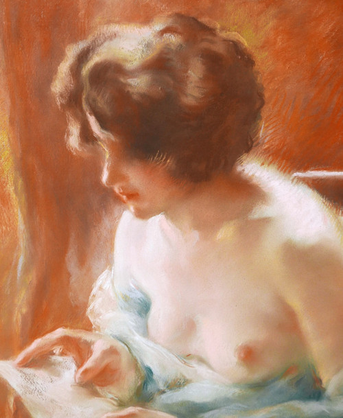 Charles Émile Moïse HORNUNG, Femme à la poitrine dénudée lisant une lettre