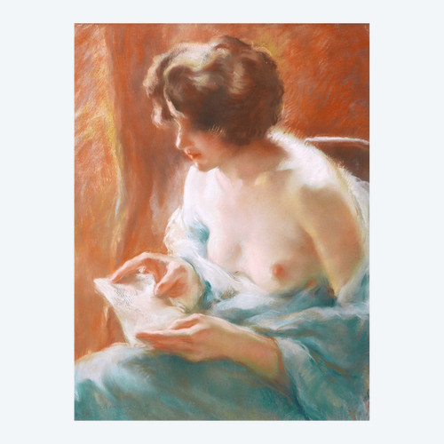 Charles Émile Moïse HORNUNG, Femme à la poitrine dénudée lisant une lettre