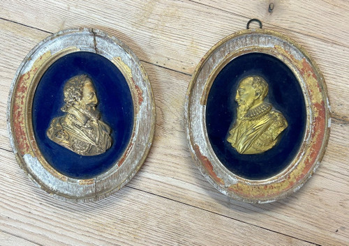 Pair De Portraits En Médaillons - Profils En Bronze Doré Henry IV Et Sully époque XVIIIème