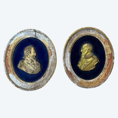 Pair De Portraits En Médaillons - Profils En Bronze Doré Henry IV Et Sully époque XVIIIème