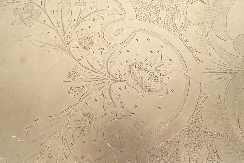 Großes Serviertablett mit Griffen, Louis XV, silberne Metallrebe, 19. Jahrhundert