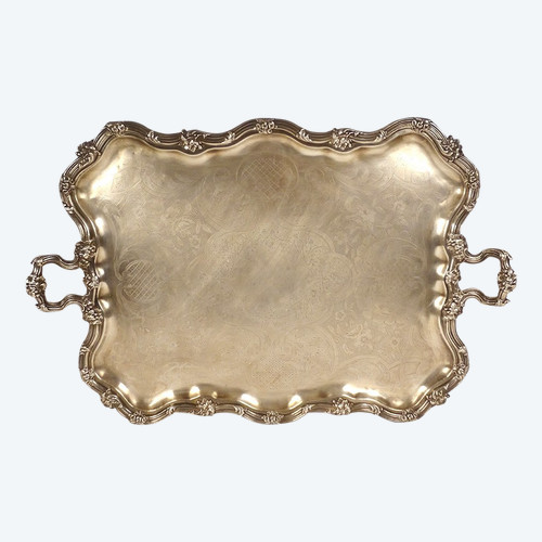 Großes Serviertablett mit Griffen, Louis XV, silberne Metallrebe, 19. Jahrhundert