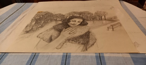 Portrait de femme dans un paysage/ dessin