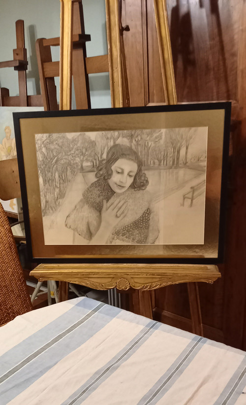 Portrait de femme dans un paysage/ dessin