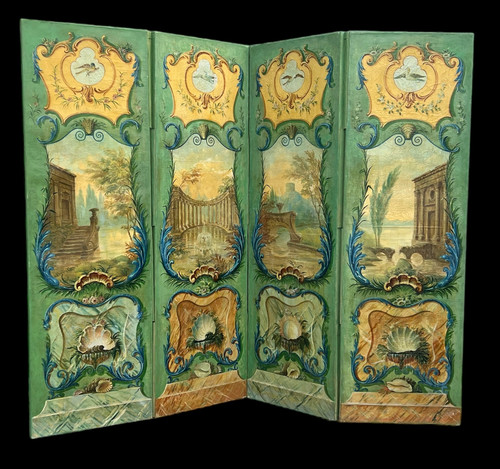 PARAVENT ANCIEN DU XIXe A 4 FEUILLES EN TOILE PEINTE A DECOR D ARCHITECTURES