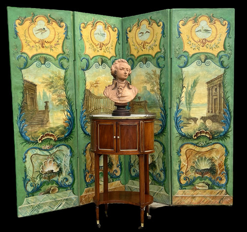 PARAVENT ANCIEN DU XIXe A 4 FEUILLES EN TOILE PEINTE A DECOR D ARCHITECTURES